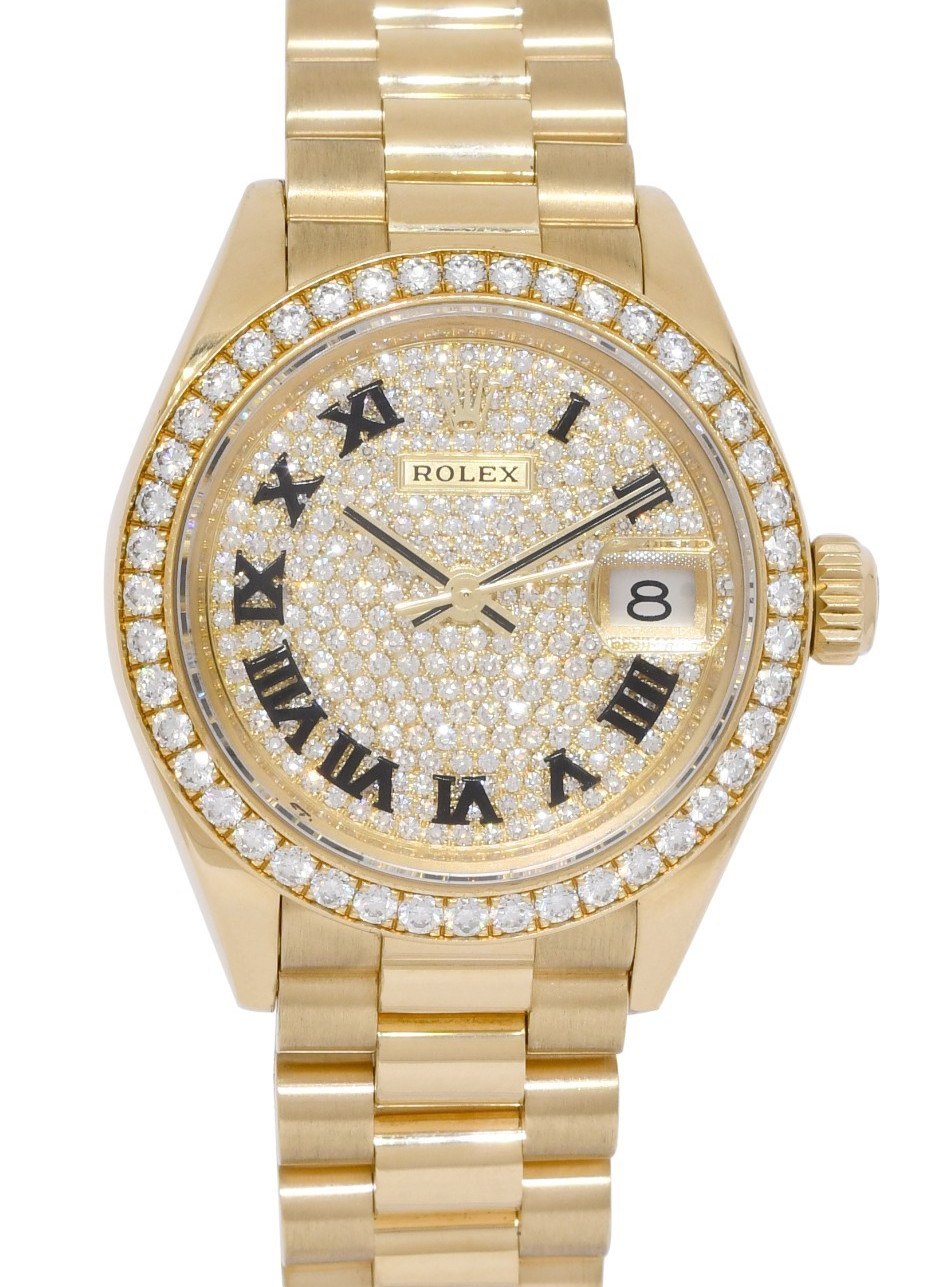 Rolex Datejust 28 President 18k Yellow Gold Pave Diamond Ladies Watch 279138RBR