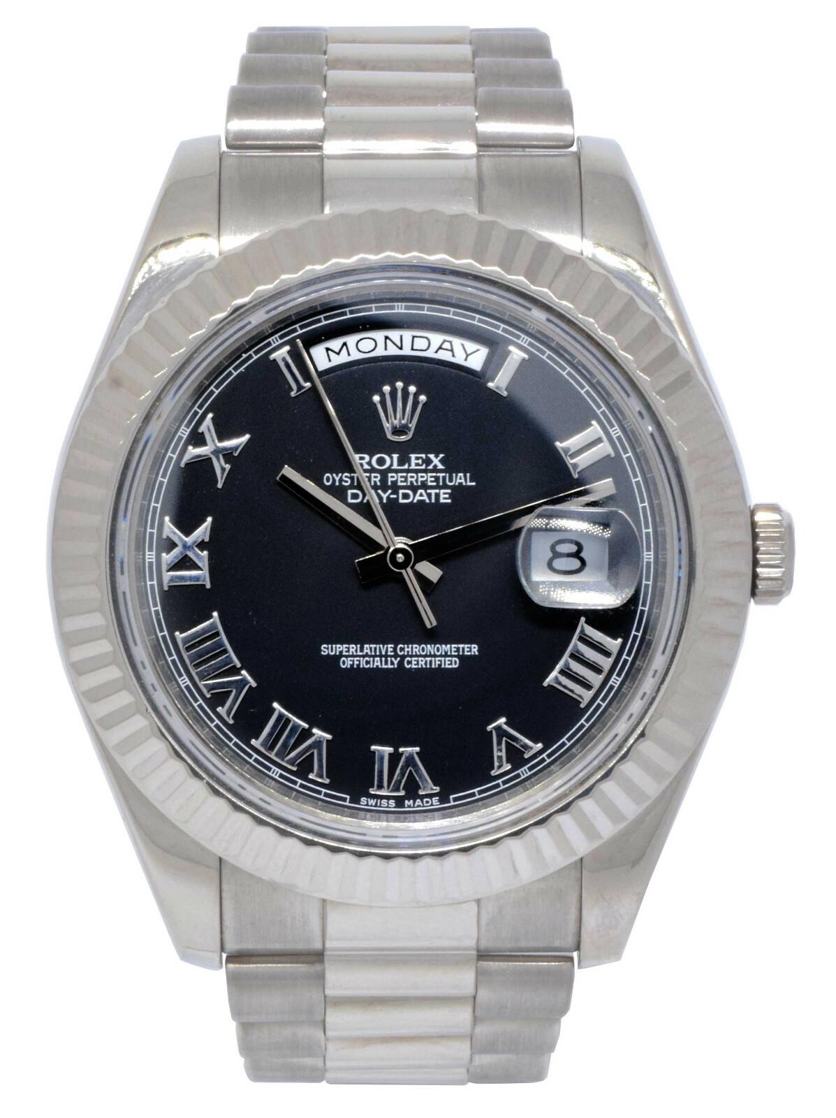 Rolex Day-Date II President 18k White Gold Black Roman 41mm Watch B/P '13 218239