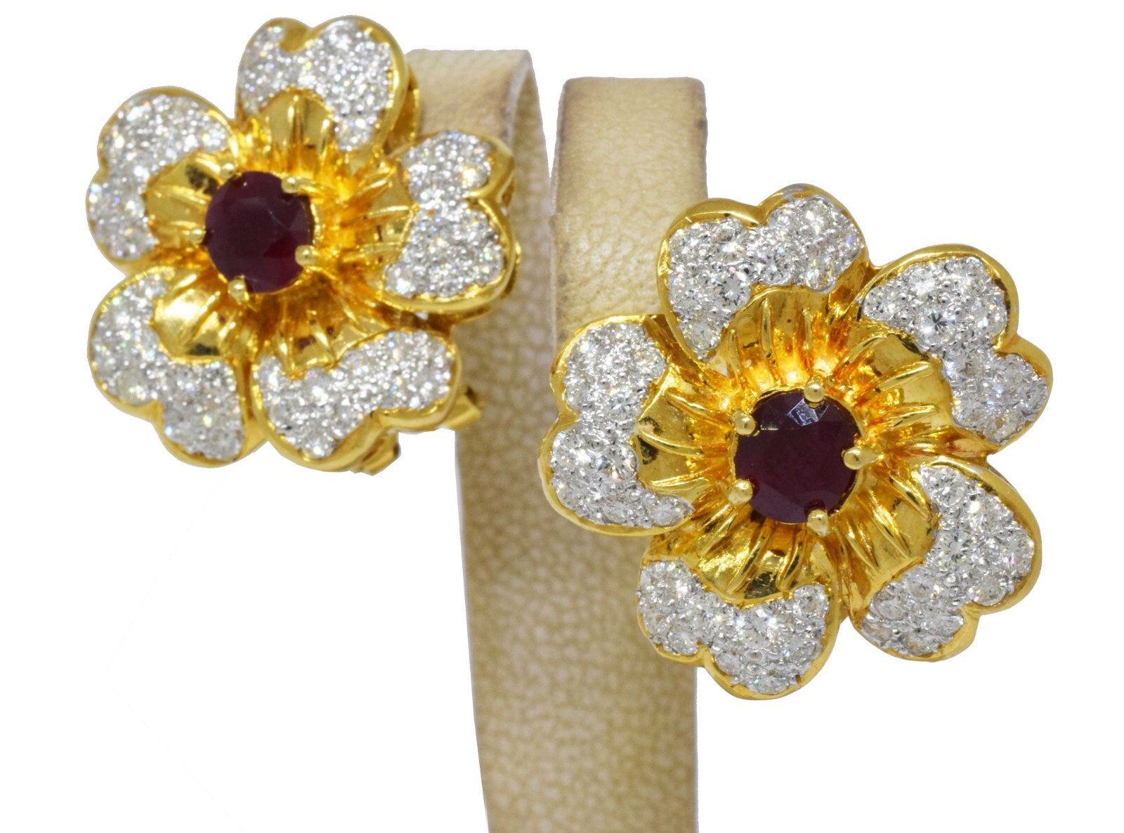 18k Yellow Gold Flower Earrings 4.00 ct Diamond Ruby 3.00 ct