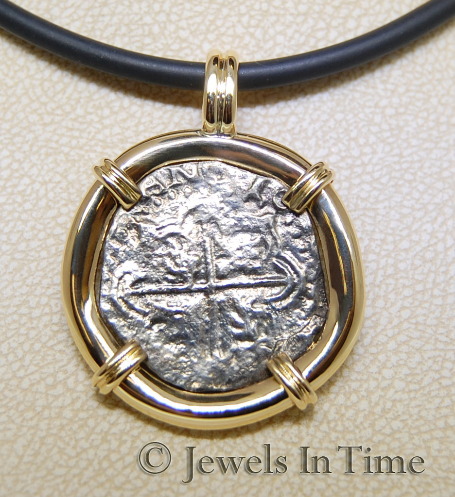 Antique Silver Coin Necklace in 18k Yellow Gold with 15'' Rubber Cord