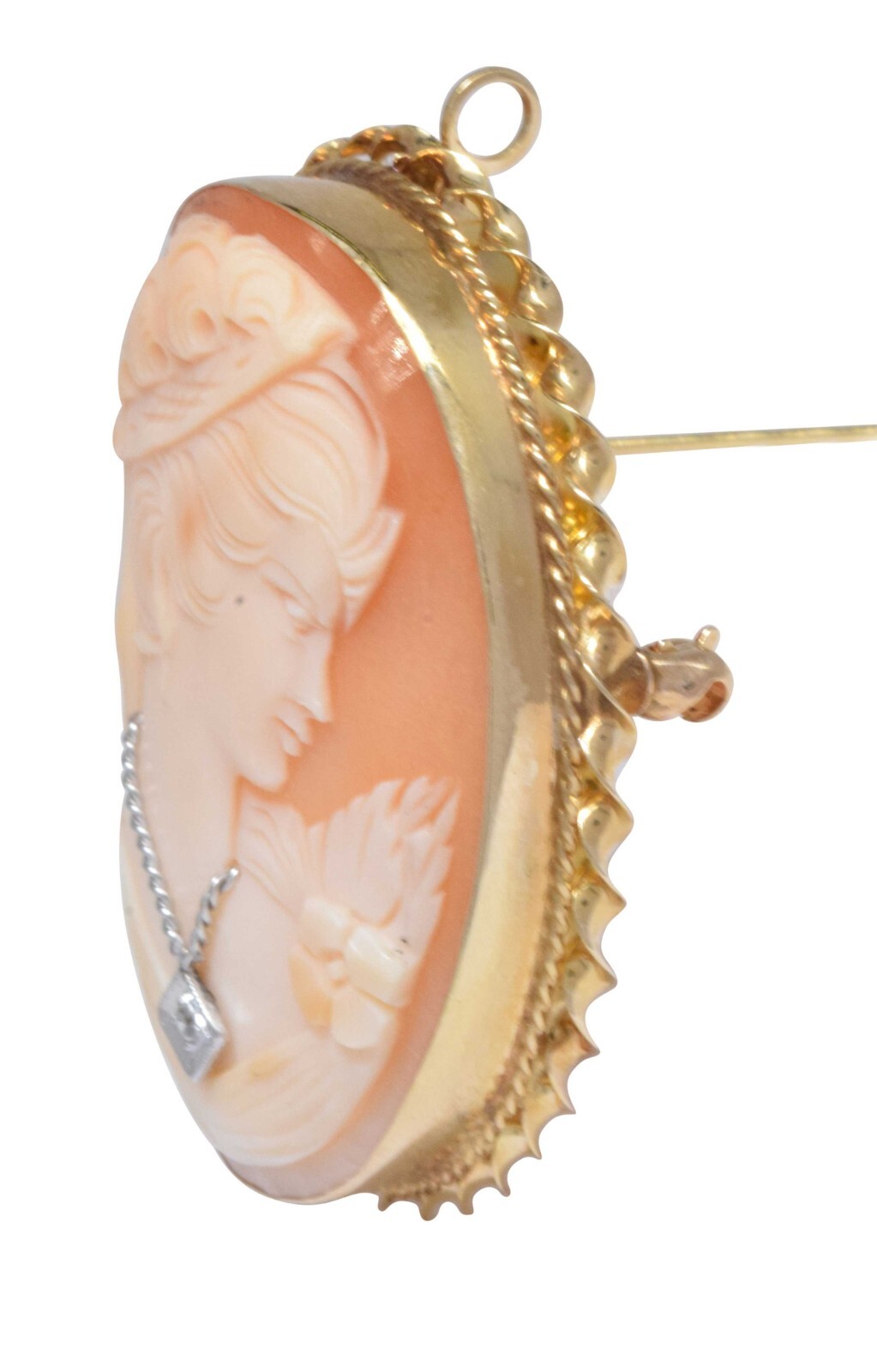 14k Yellow Gold Cameo Brooch Pin with Sparkling Diamond
