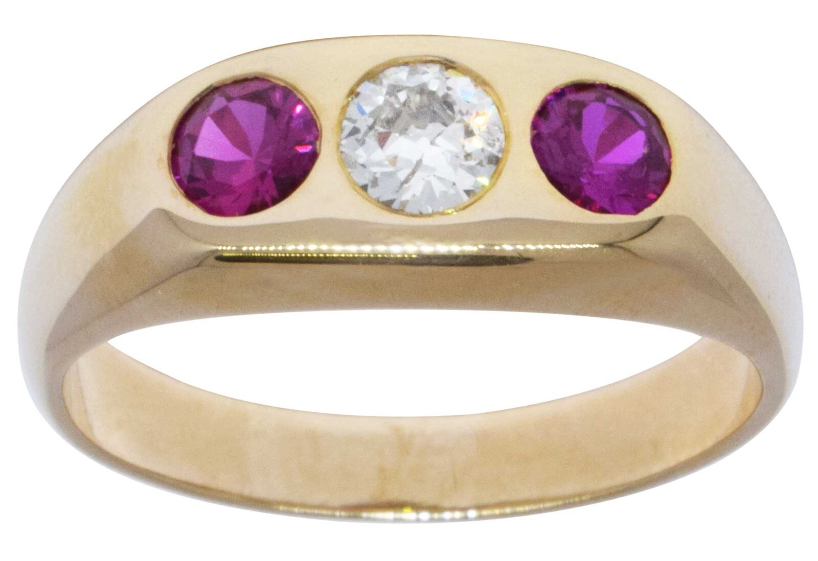 14K Yellow Gold Round Mine Cut Diamond & Ruby Ring Size 10