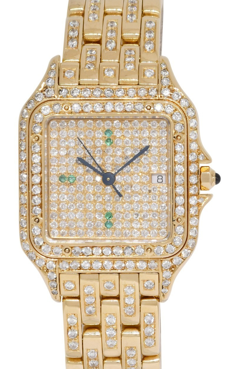Cartier Panthere Large 18k Yellow Gold Pave Diamond/Emerald Quartz Watch 883968