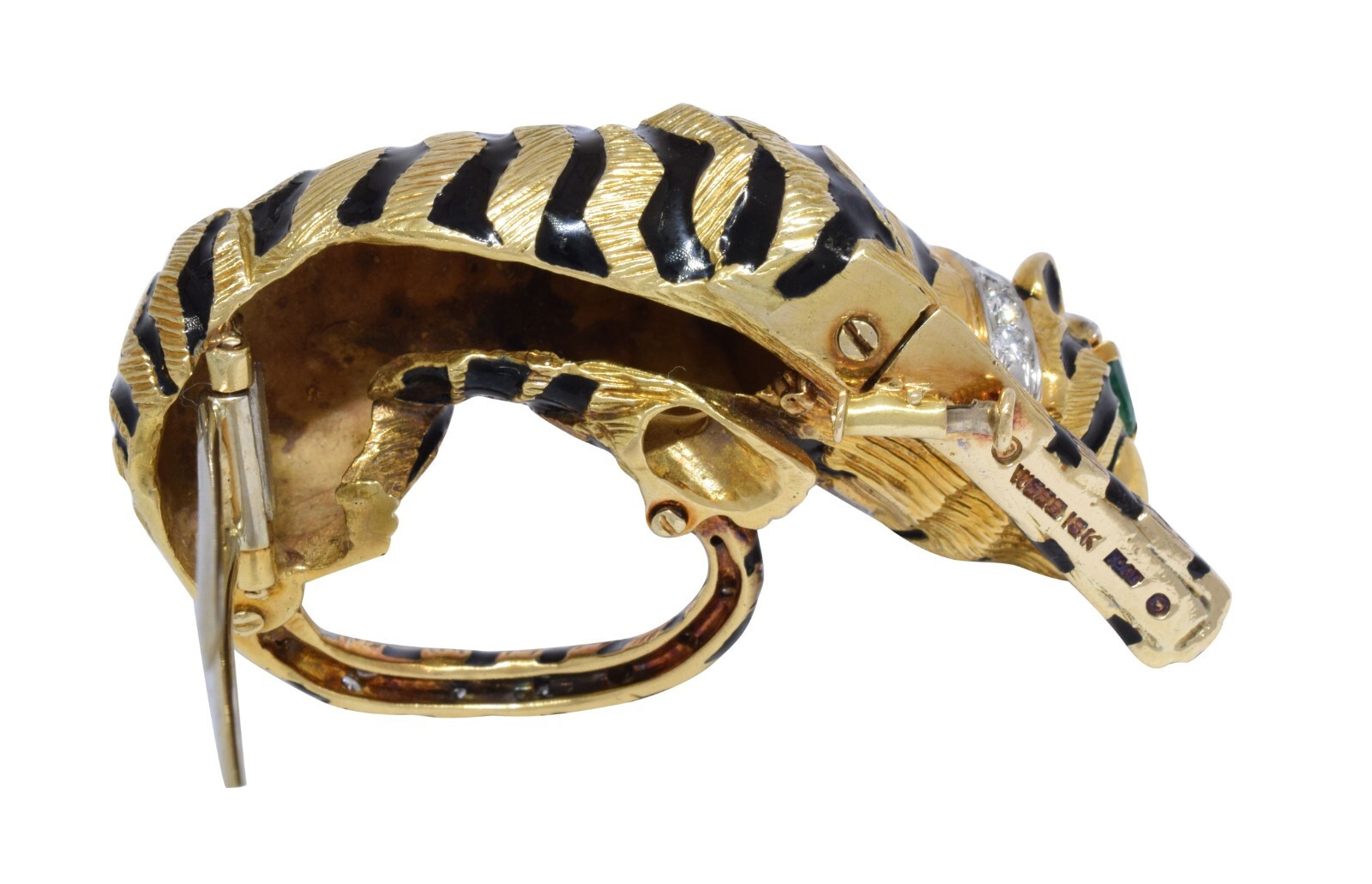David Webb Tiger 18k Yellow Gold Black Enamel Diamond & Green Emerald Brooch