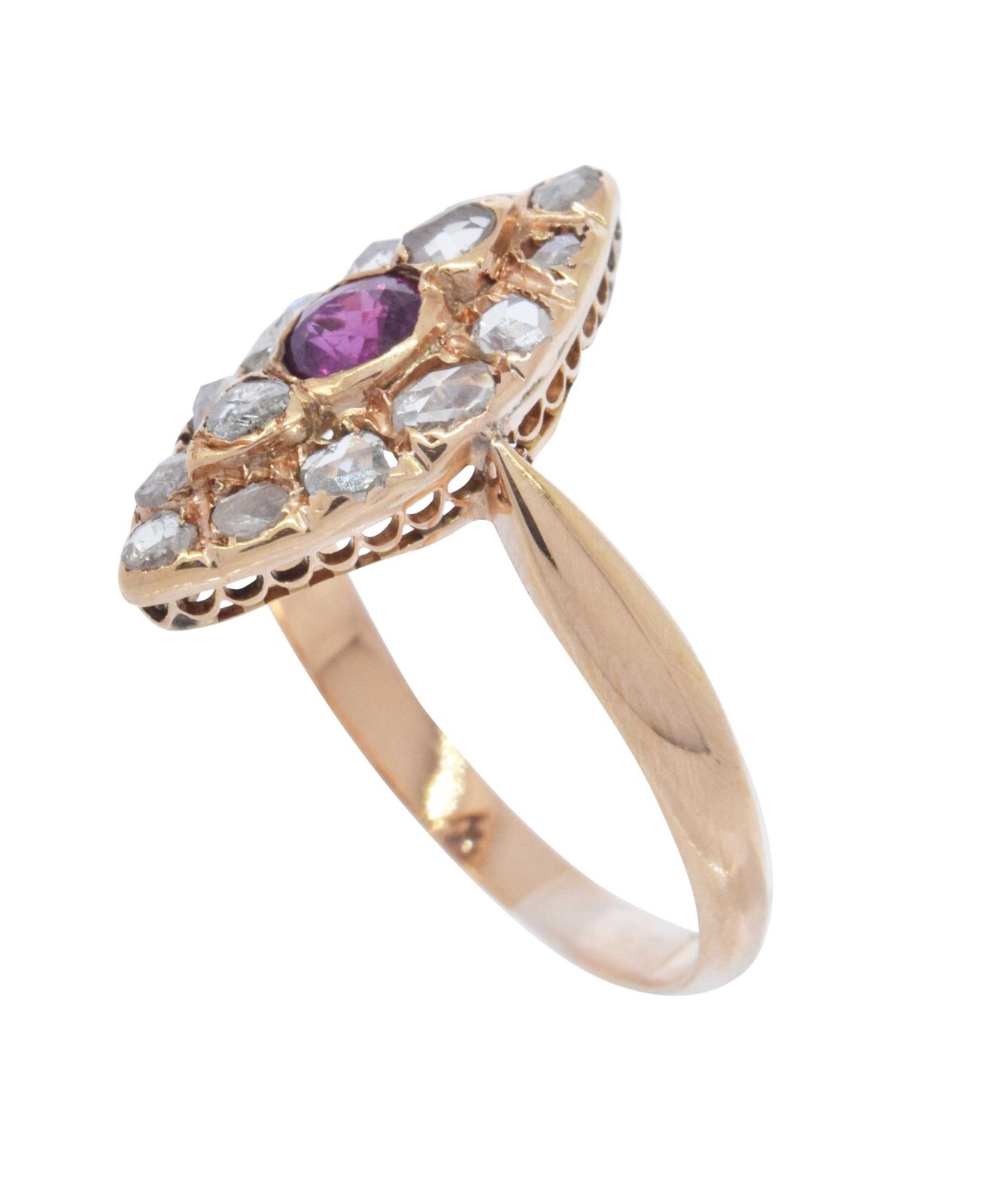 Diamond & Ruby Marquise Shape Ladies Vintage Ring in 14k Rose Gold