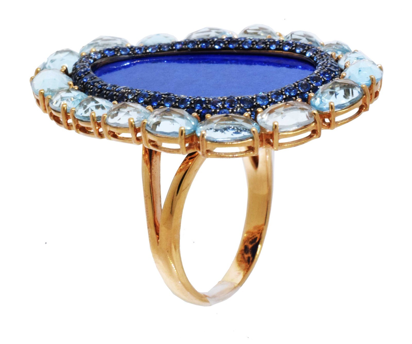 18k Rose Gold Multi Gemstone Ring Lapis Lazuli Sapphires & Aquamarine Size 8