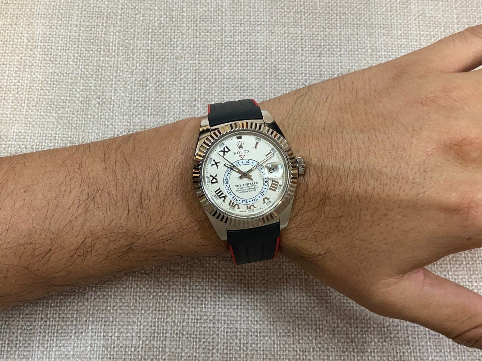 Rolex Sky-Dweller 18k White Gold GMT Ivory Dial Rubber Mens 42mm Watch 326139
