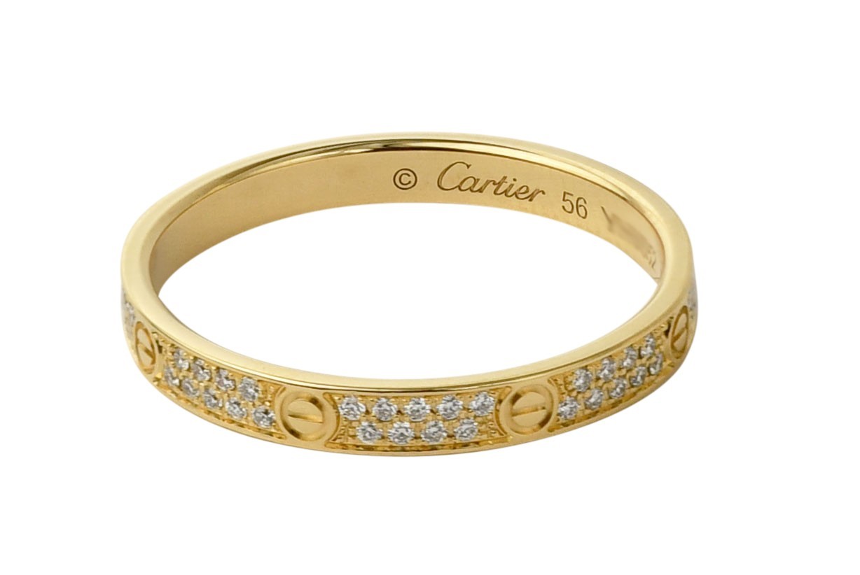 Cartier Love Ring Pave Diamond 18k Yellow Gold Mini Band Size 56 B/P'24 B4218056 Cartier Love Ring Pave Diamond 18k Yellow Gold Mini Band Size 56 B/P'24 B4218056