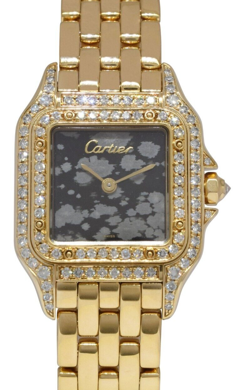Cartier Panthere Small 18k Yellow Gold Obsidian Stone Dial Diamond Ladies Watch