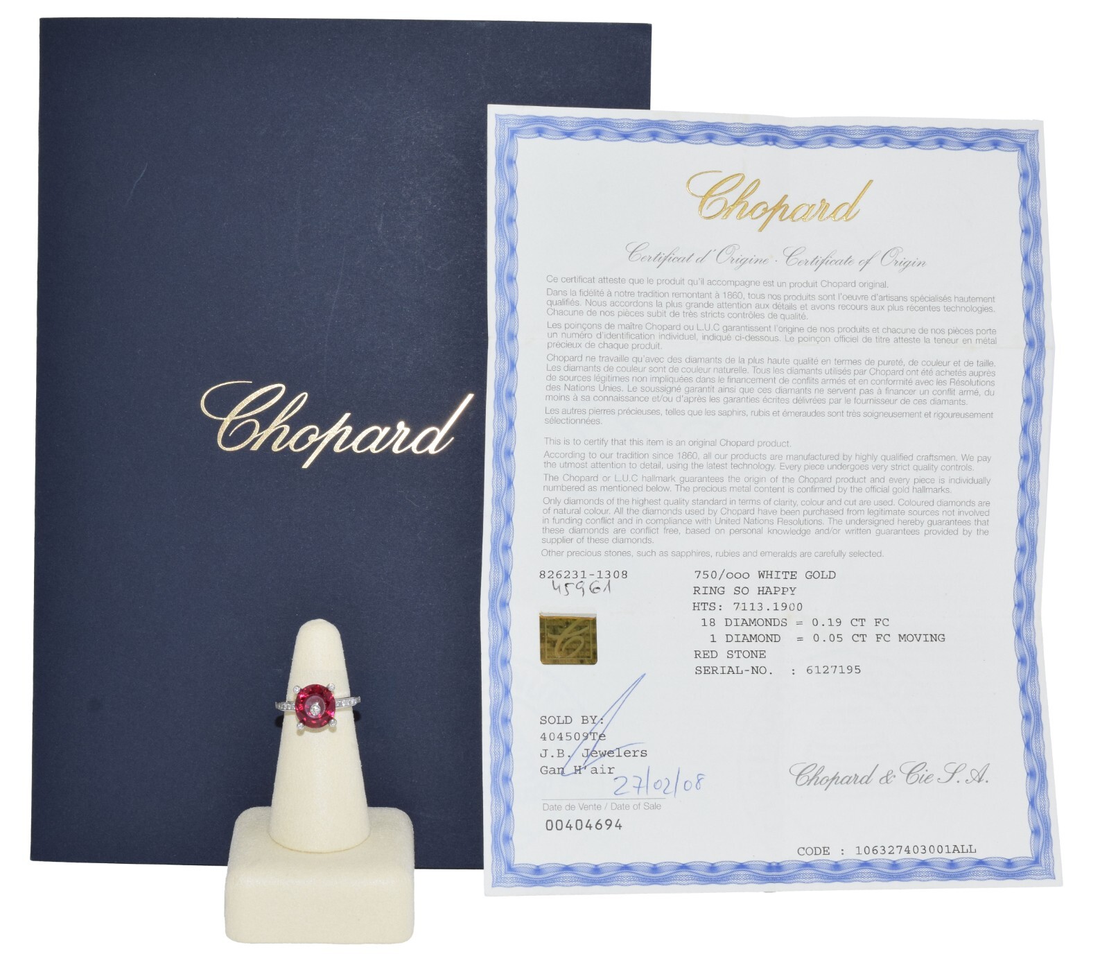 Chopard So Happy Red Stone & Diamond 18k White Gold Ring +Cert 826231-1308