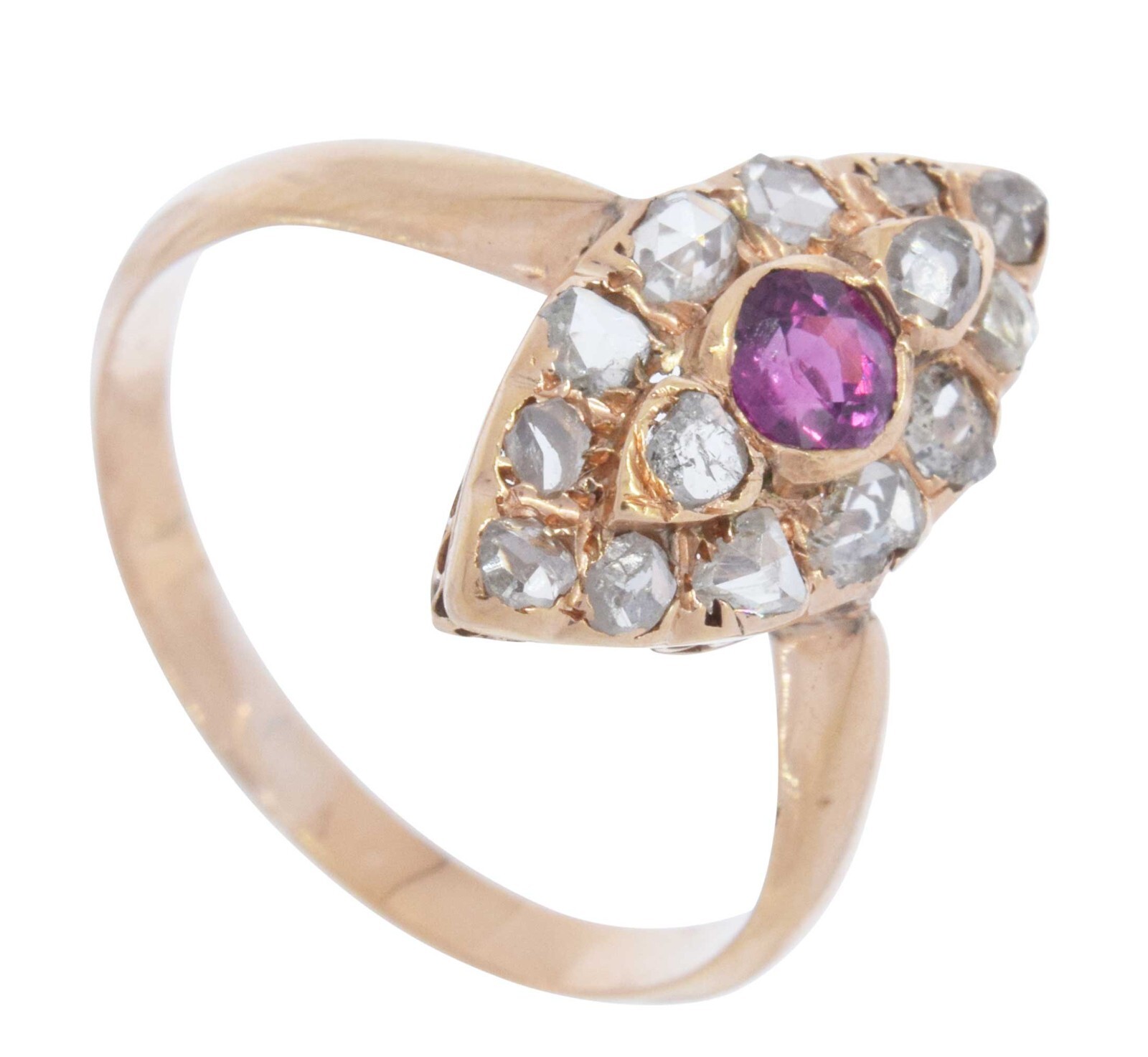 Diamond & Ruby Marquise Shape Ladies Vintage Ring in 14k Rose Gold