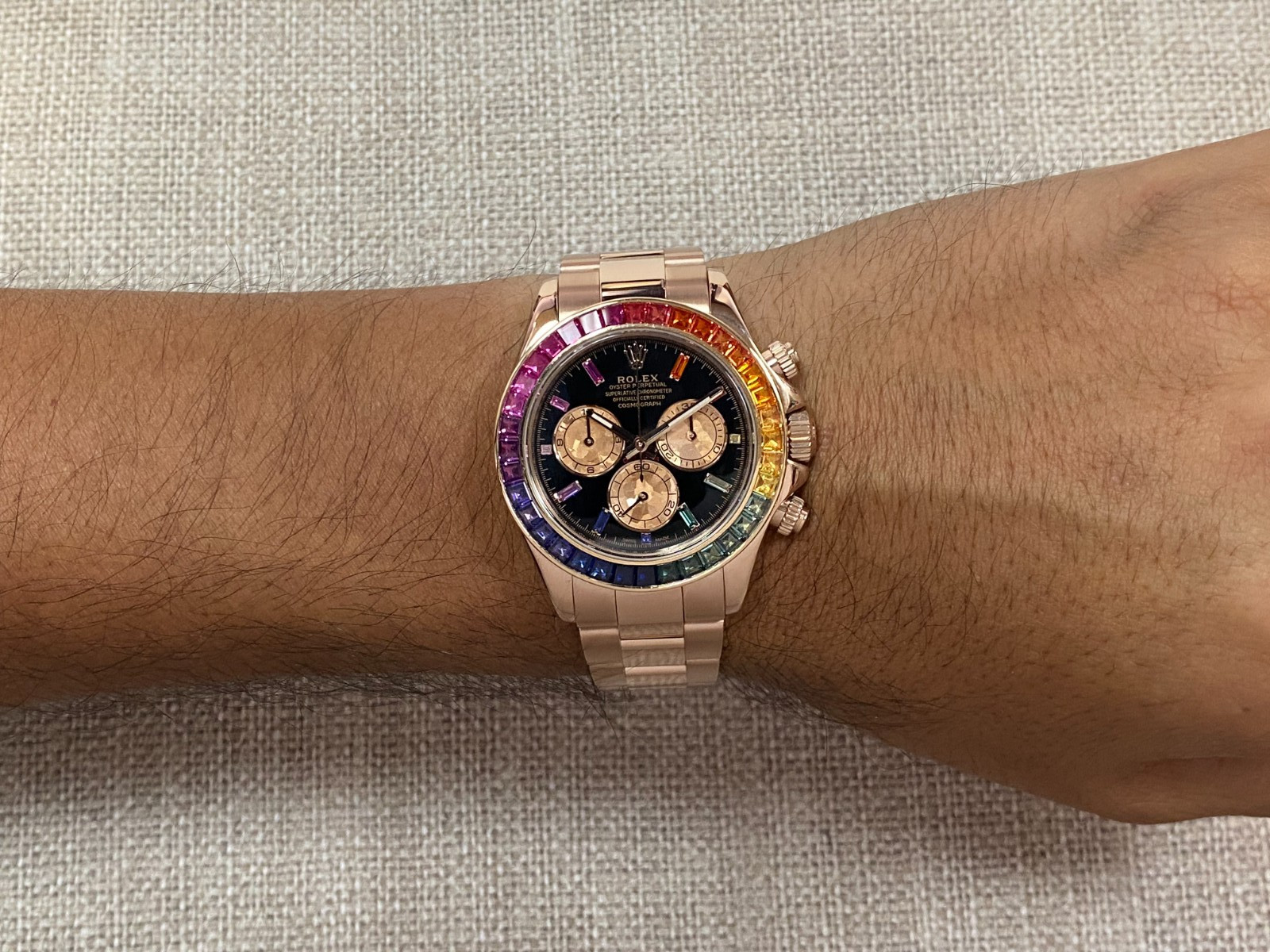 Rolex Daytona 18k Rose Gold Rainbow Bezel Black Dial Mens 40mm Watch B/P 116505