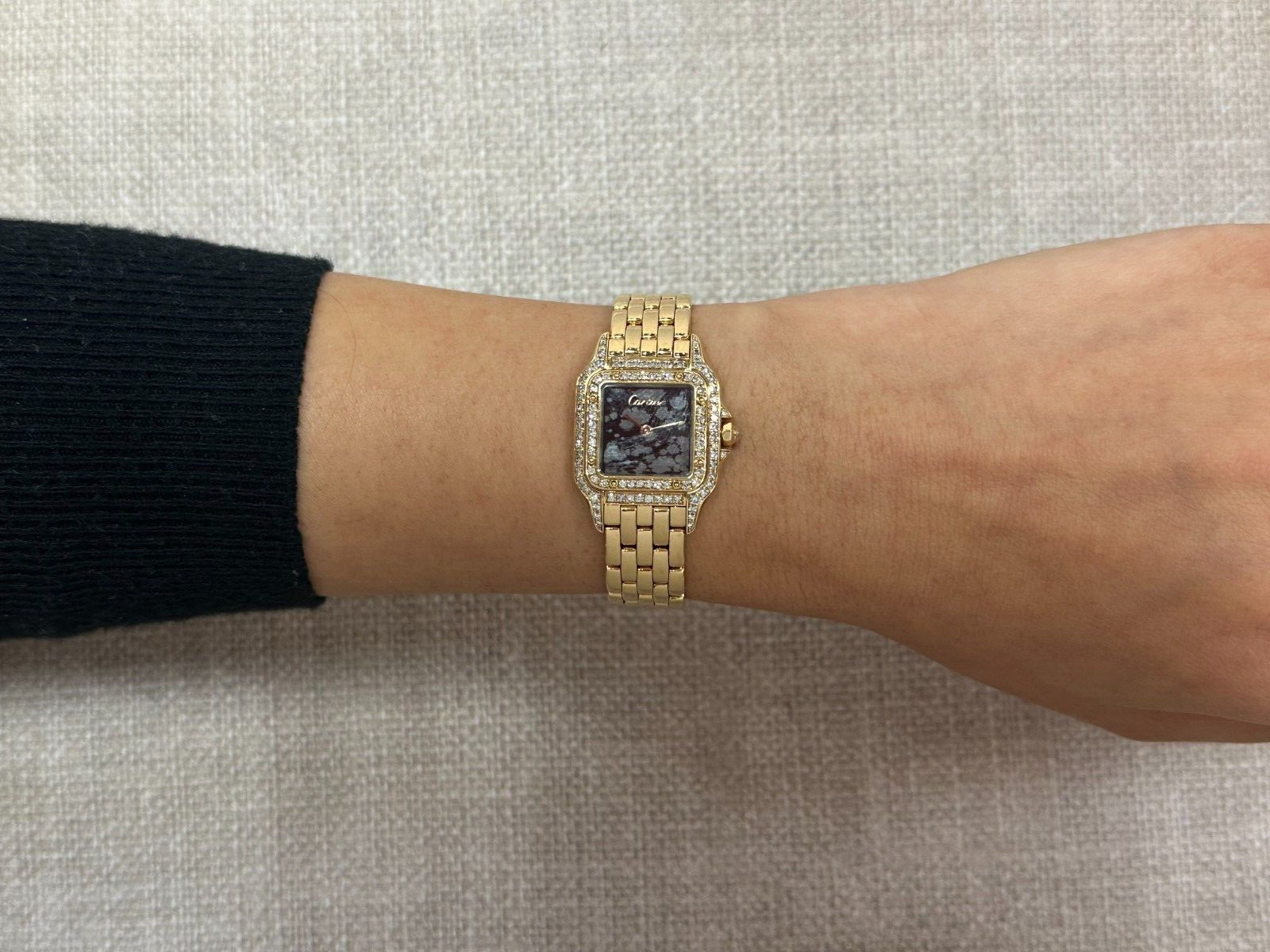 Cartier Panthere Small 18k Yellow Gold Obsidian Stone Dial Diamond Ladies Watch
