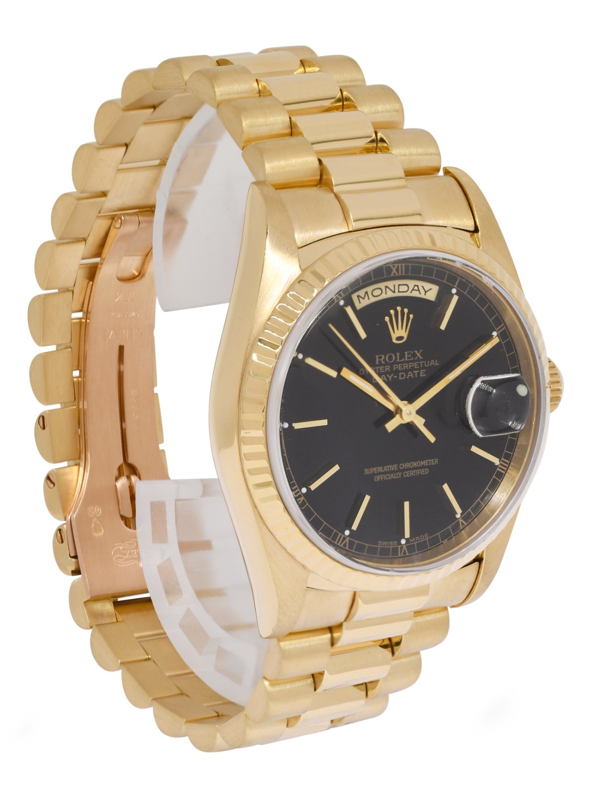 Rolex Day-Date President 18k Yellow Gold Black Dial Mens 36mm Watch E 18238