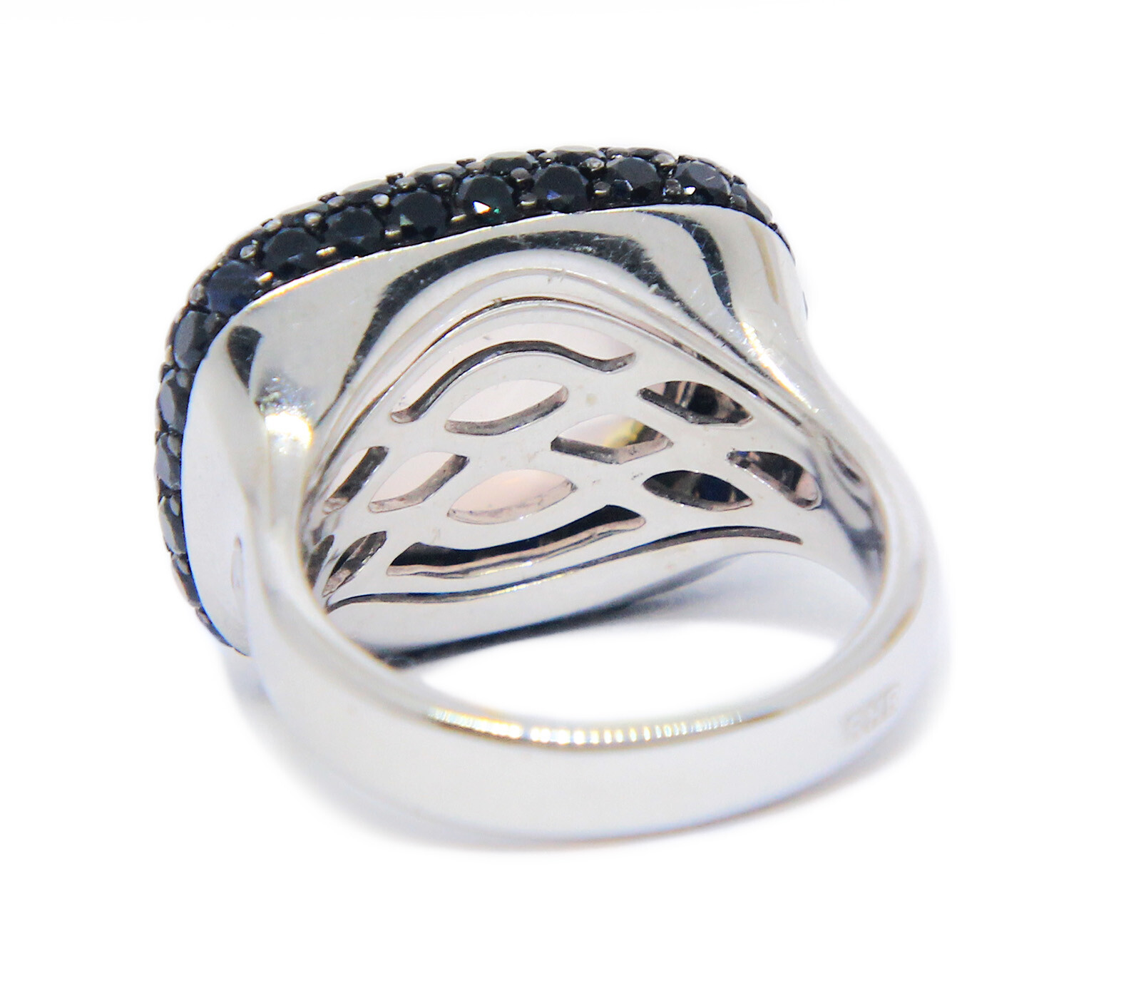 Black Diamond & Rose Quartz 18k White Gold Ladies Ring Size 7