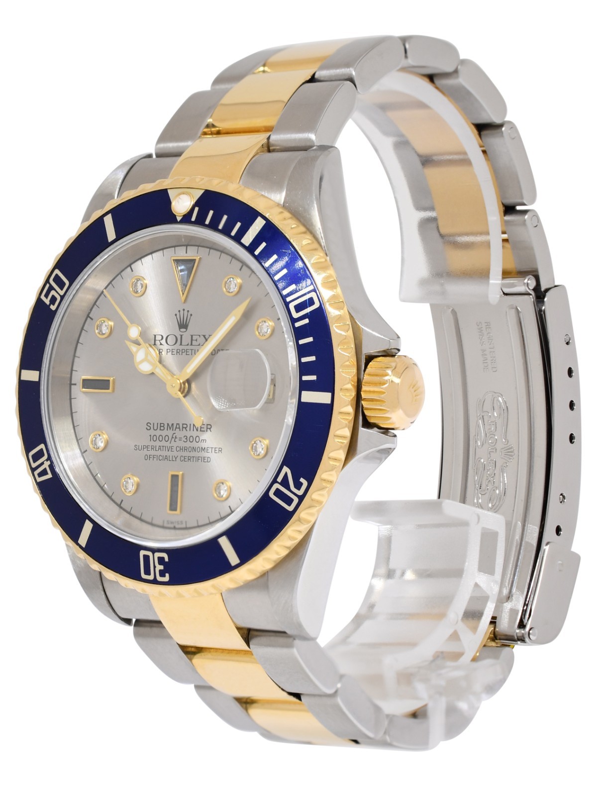 Rolex Submariner 18k Yellow Gold/Steel Slate Serti Diamond 40mm Watch F 16613