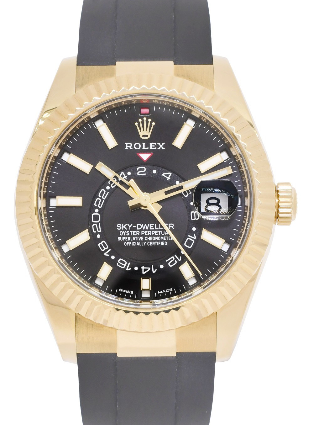 Rolex Sky-Dweller GMT Yellow Gold Black Dial/Rubber Strap Watch +Card '21 326238