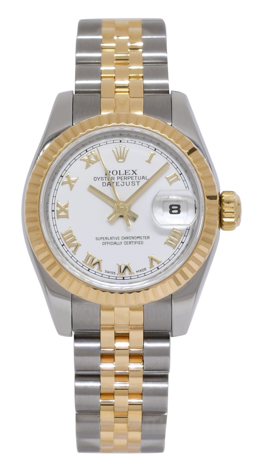 Rolex Datejust 18k Yellow Gold/Steel White Roman Dial Ladies 26mm Watch M 179173