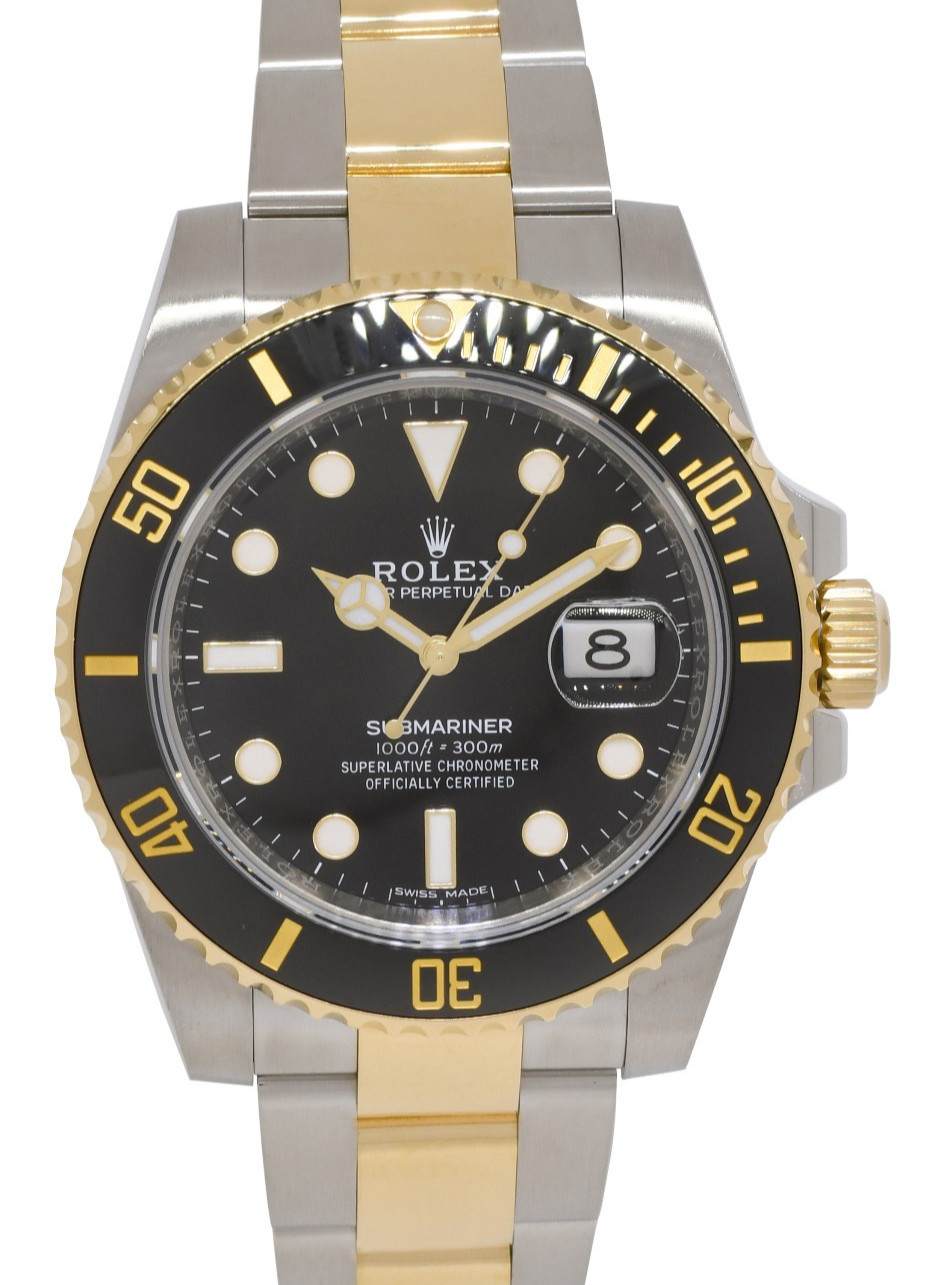 Rolex Submariner Date 18k Yellow Gold/Steel Ceramic Black Mens 40mm Watch 116613