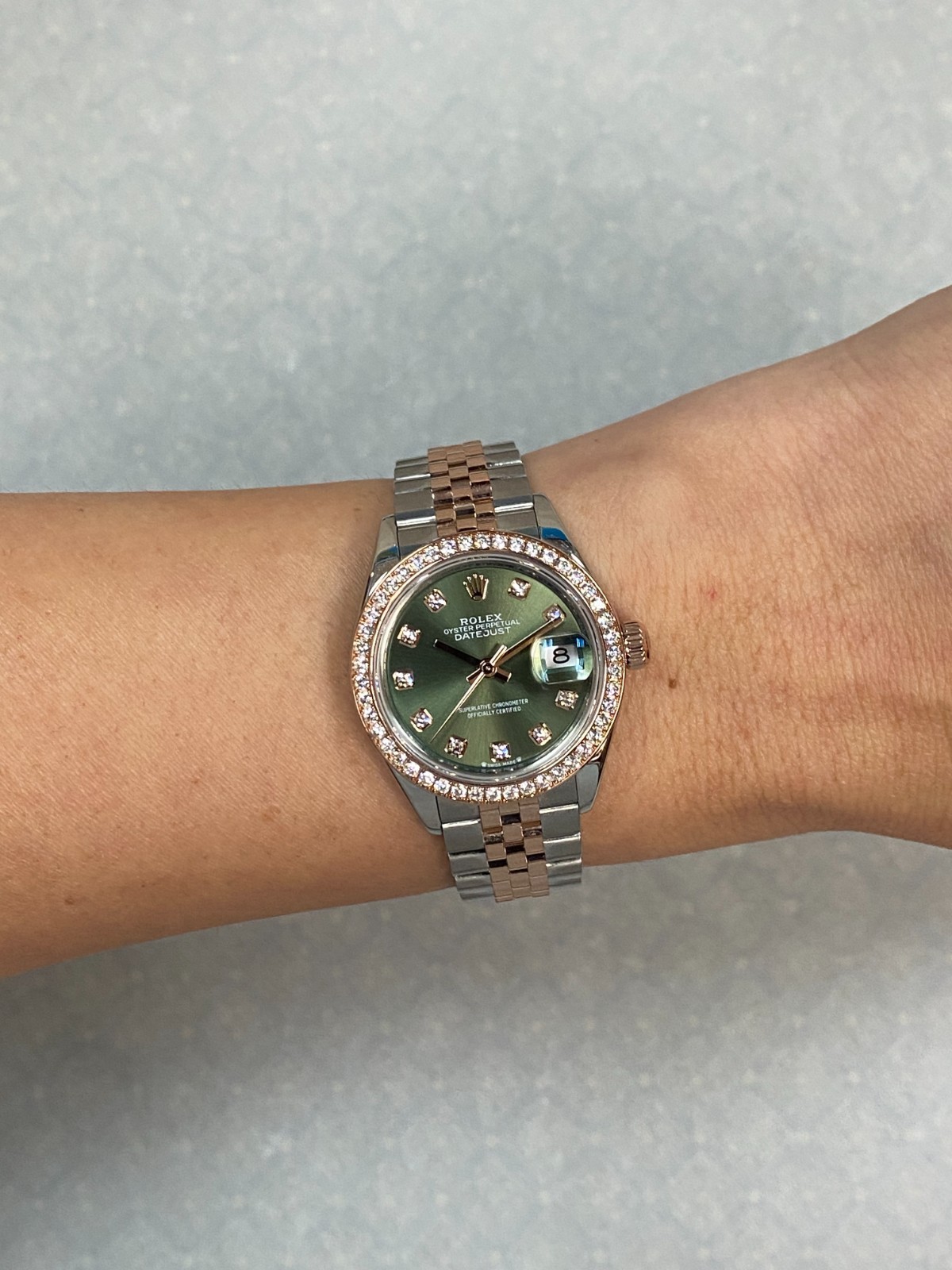Rolex Datejust 28 Rose Gold/Steel Olive Green Diamond Watch +Card '22 279381RBR