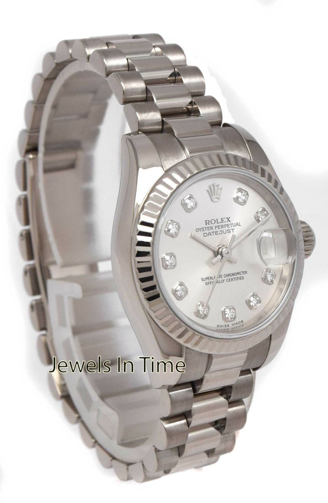 Rolex Datejust 18k White Gold Silver Diamond Dial 26mm President Watch Y 179179