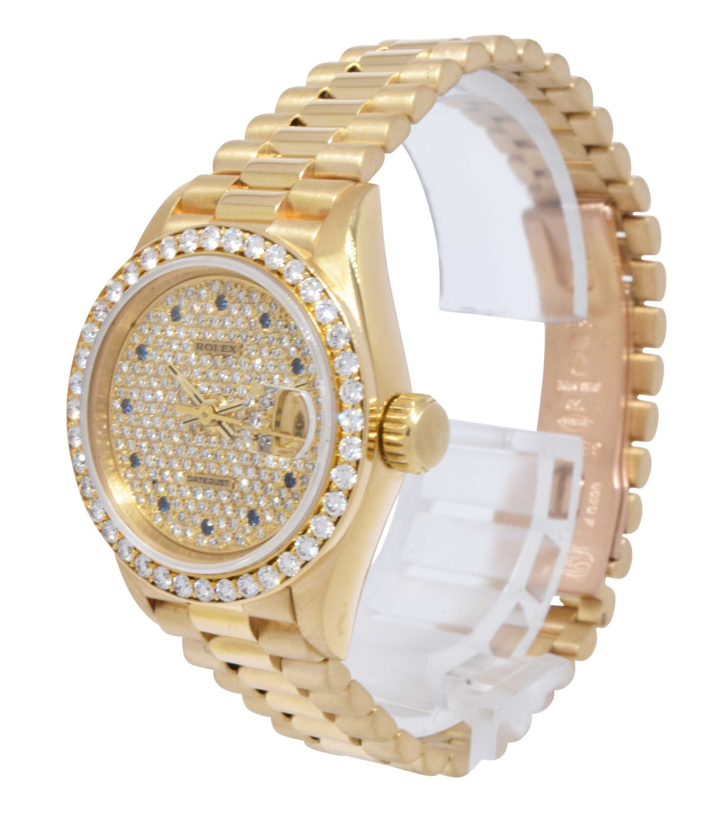Rolex Datejust 18k Yellow Gold Pave Diamond/Sapphire Ladies 26mm Watch B/P 69138