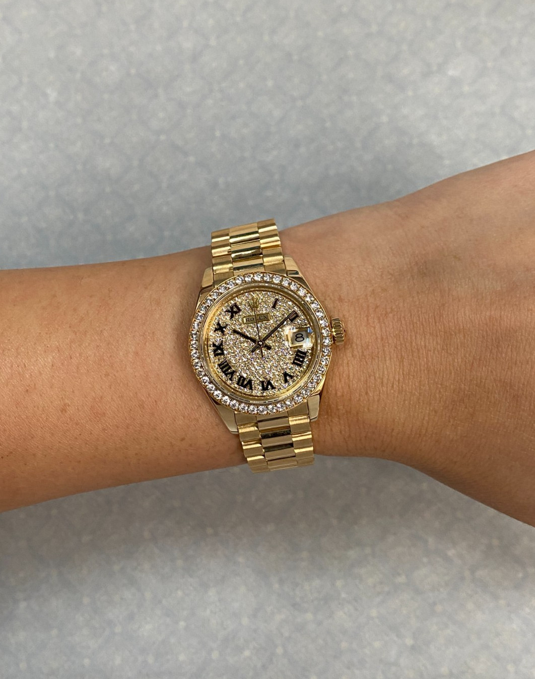 Rolex Datejust 28 President 18k Yellow Gold Pave Diamond Ladies Watch 279138RBR