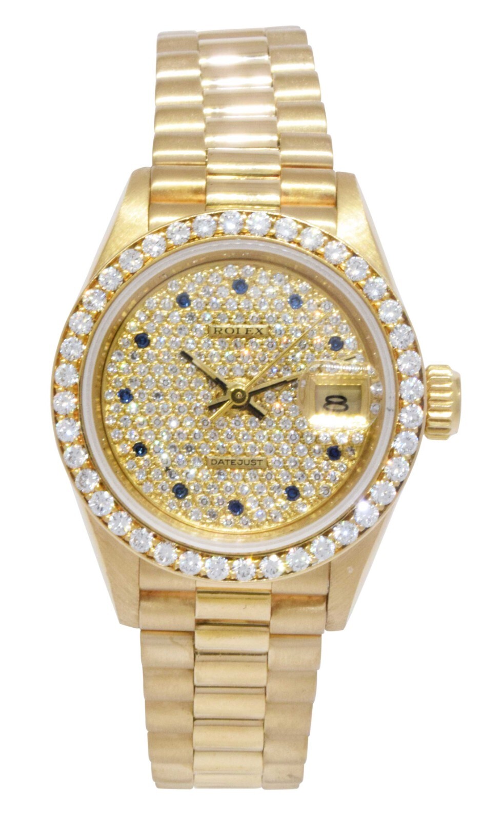 Rolex Datejust 18k Yellow Gold Pave Diamond/Sapphire Ladies 26mm Watch B/P 69138