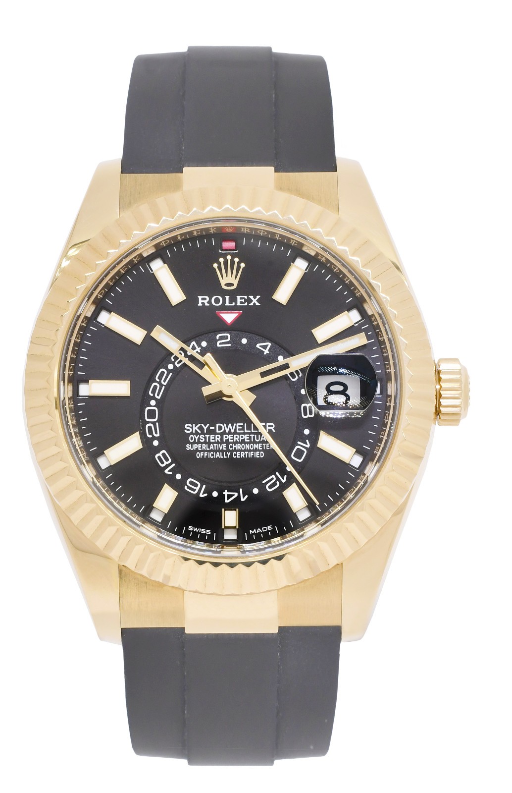 Rolex Sky-Dweller GMT Yellow Gold Black Dial/Rubber Strap Watch +Card '21 326238
