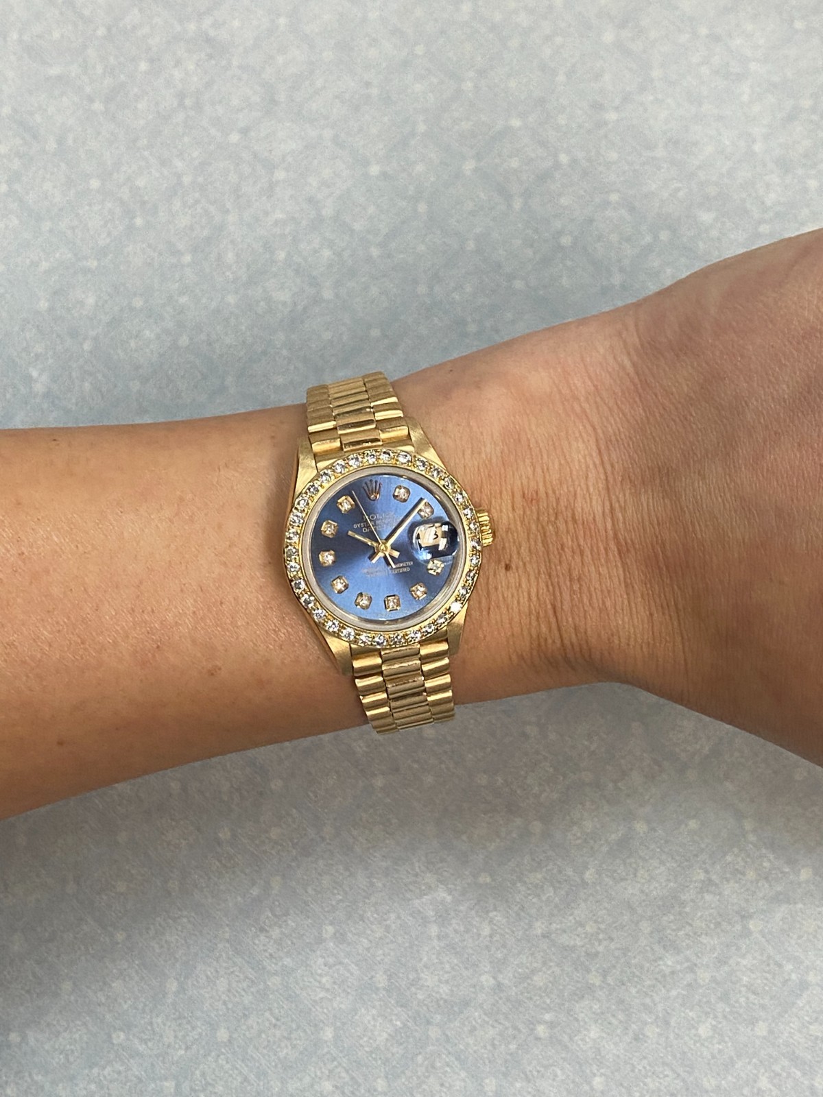 Rolex Datejust President 18k Yellow Gold Blue Diamond Ladies 26mm Watch R 69178