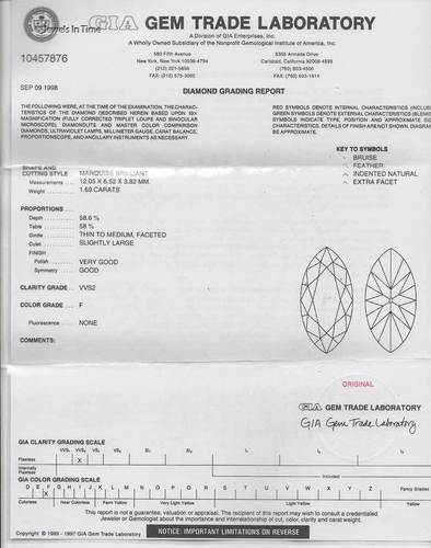 1.69 CT Marquise Brilliant Cut Diamond Ring Platinum 5.25 GIA