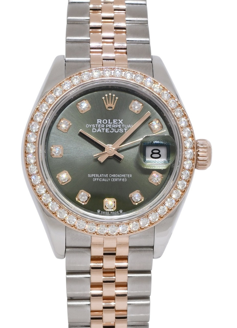 Rolex Datejust 28 Rose Gold/Steel Olive Green Diamond Watch +Card '22 279381RBR