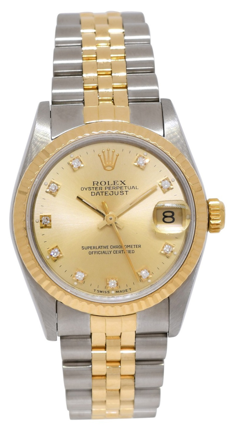 Rolex Datejust 18k Yellow Gold/Steel Champagne Diamond Dial 31mm Watch E 68273