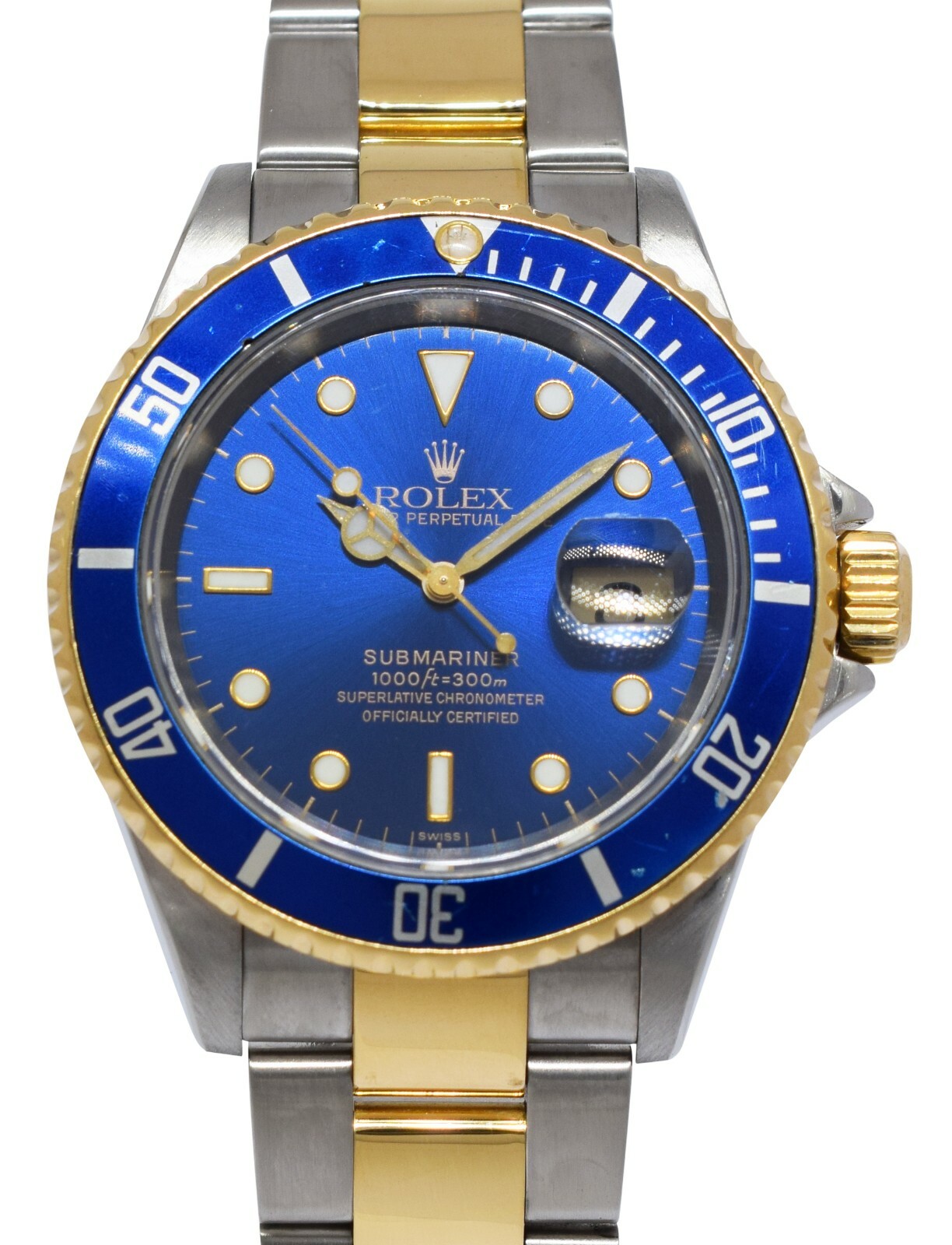 Rolex Submariner Date 18k Yellow Gold/Steel Blue Mens 40mm Watch B/P D 16613