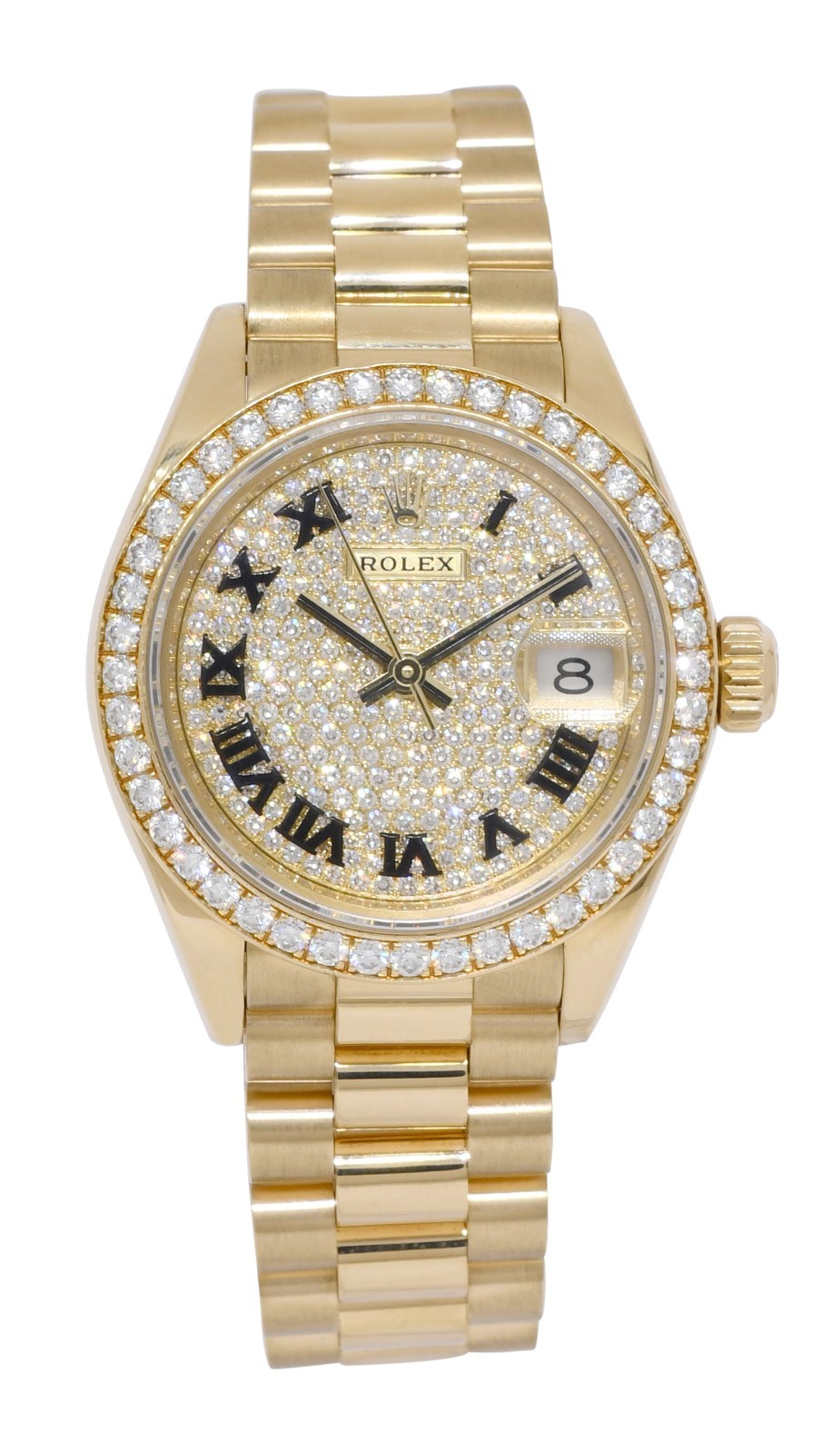 Rolex Datejust 28 President 18k Yellow Gold Pave Diamond Ladies Watch 279138RBR