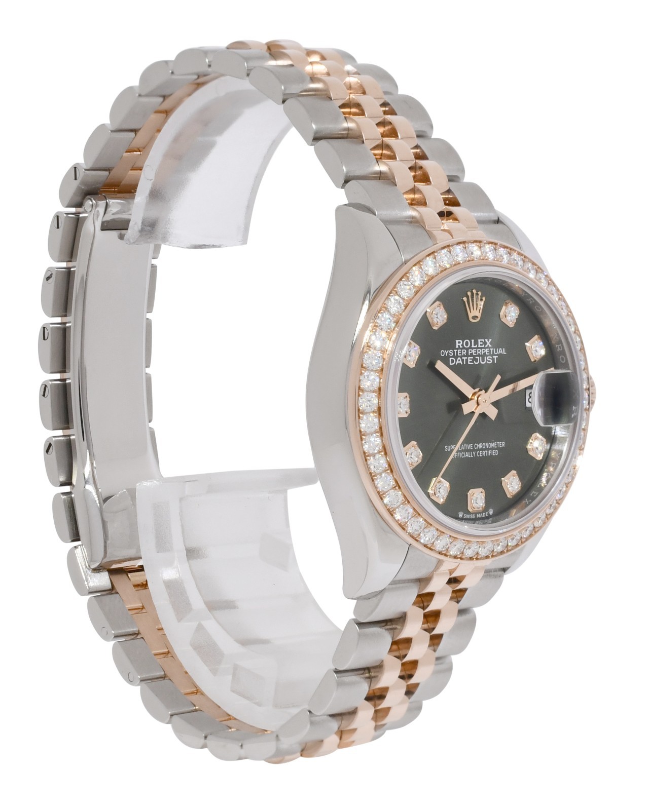 Rolex Datejust 28 Rose Gold/Steel Olive Green Diamond Watch +Card '22 279381RBR