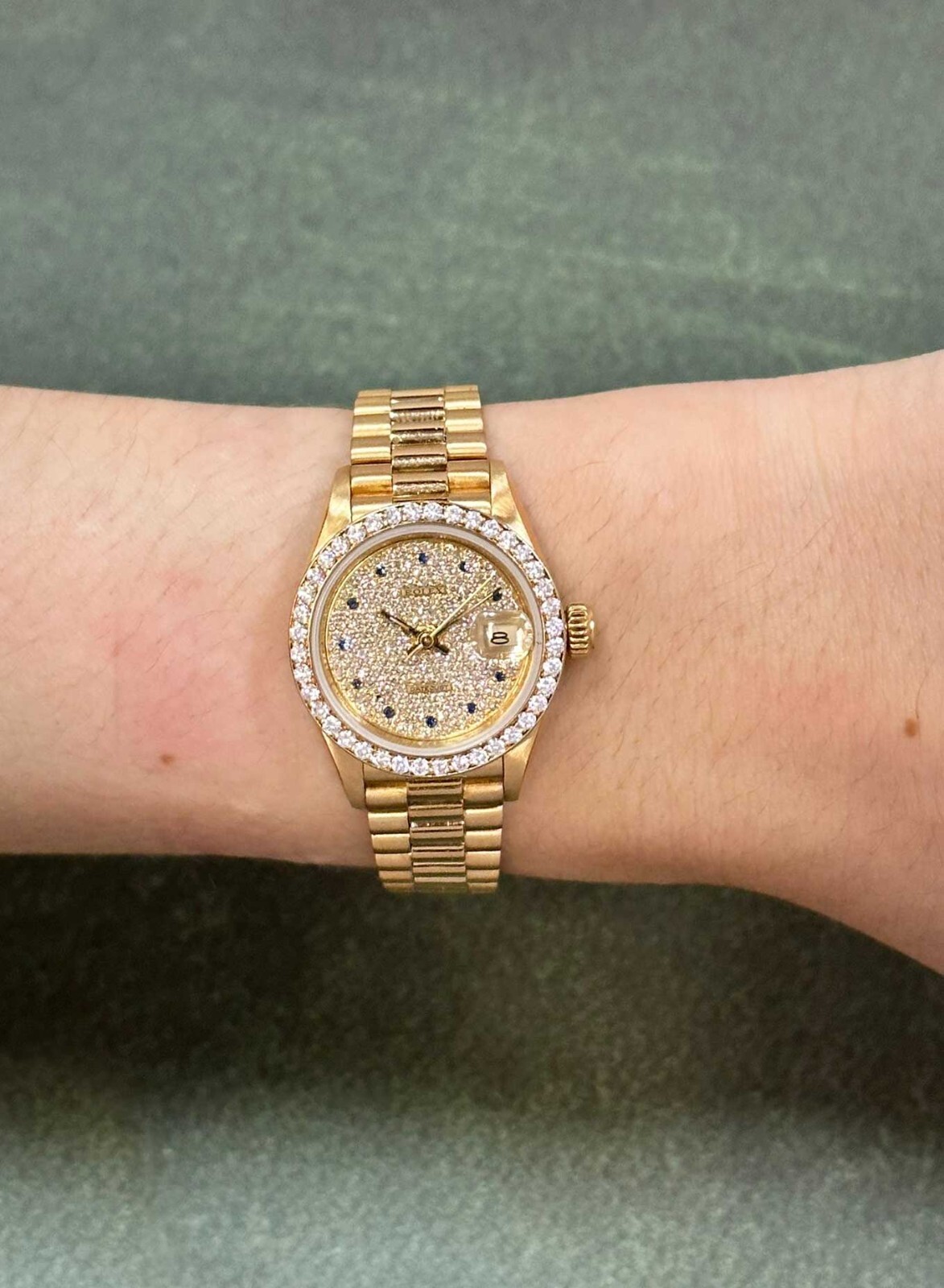 Rolex Datejust 18k Yellow Gold Pave Diamond/Sapphire Ladies 26mm Watch B/P 69138