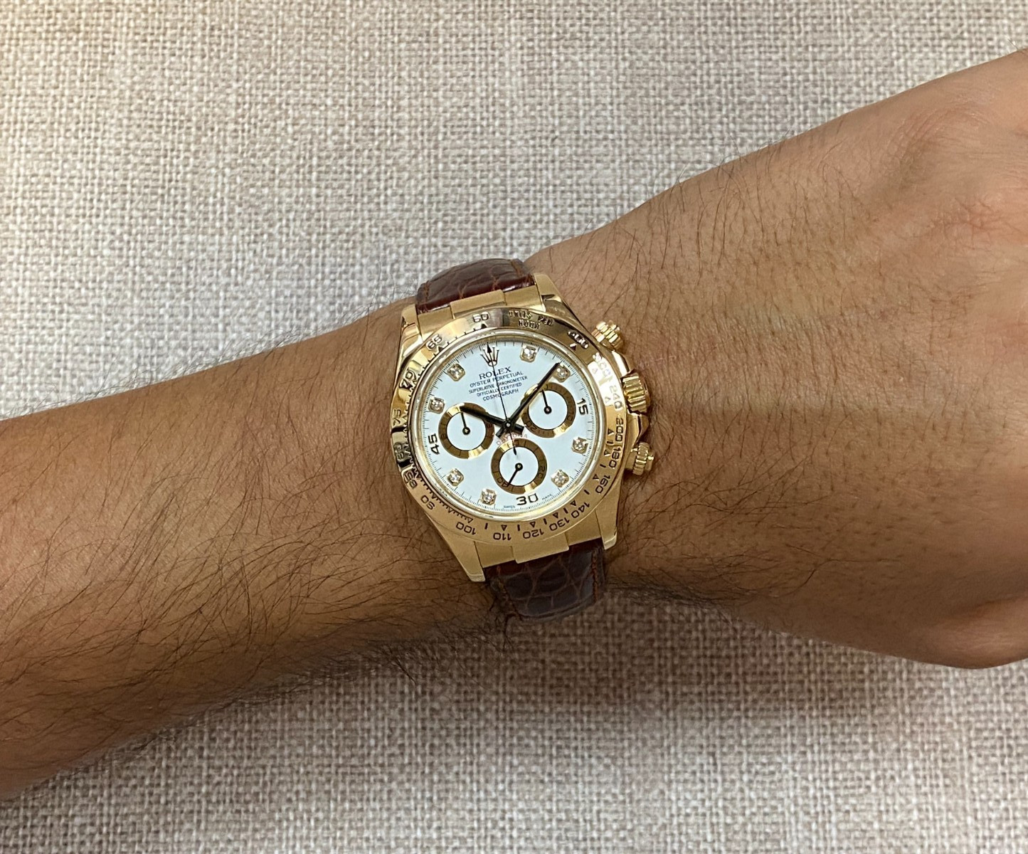 Rolex Daytona Chronograph 18k Yellow Gold White Diamond Dial Watch M 116518