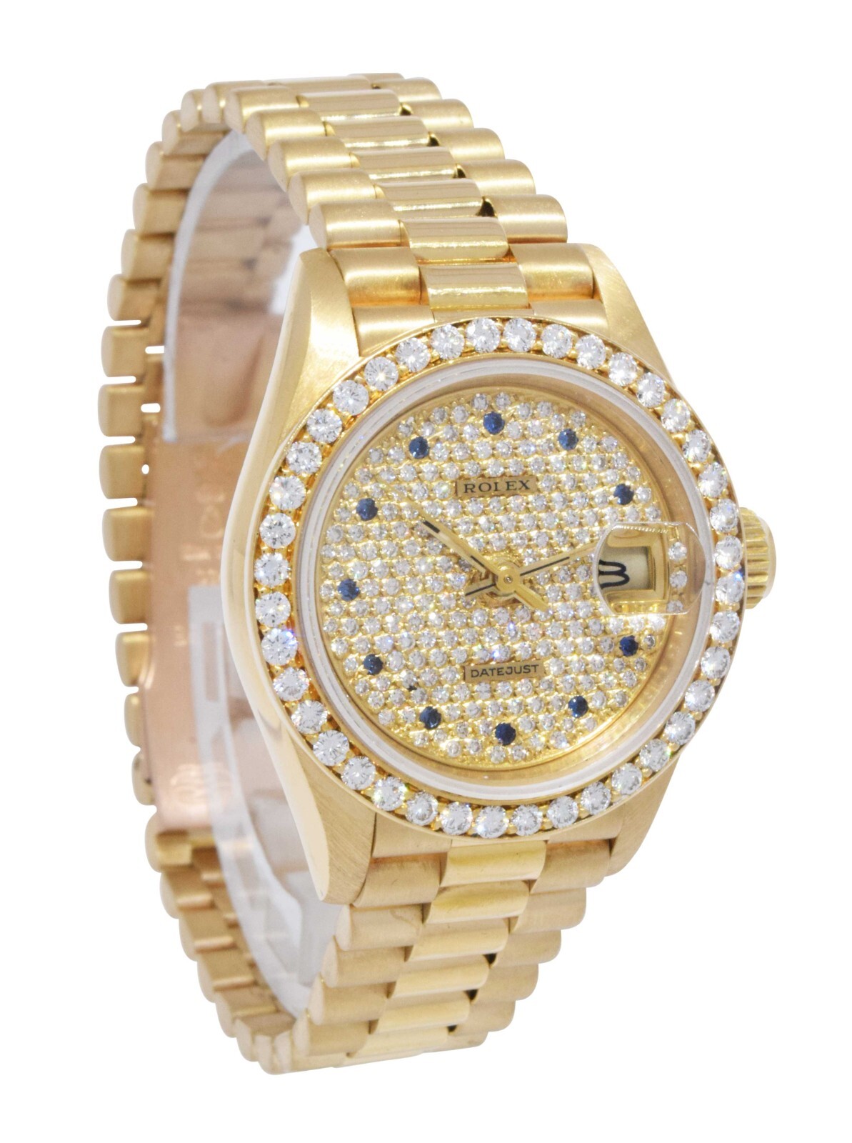 Rolex Datejust 18k Yellow Gold Pave Diamond/Sapphire Ladies 26mm Watch B/P 69138