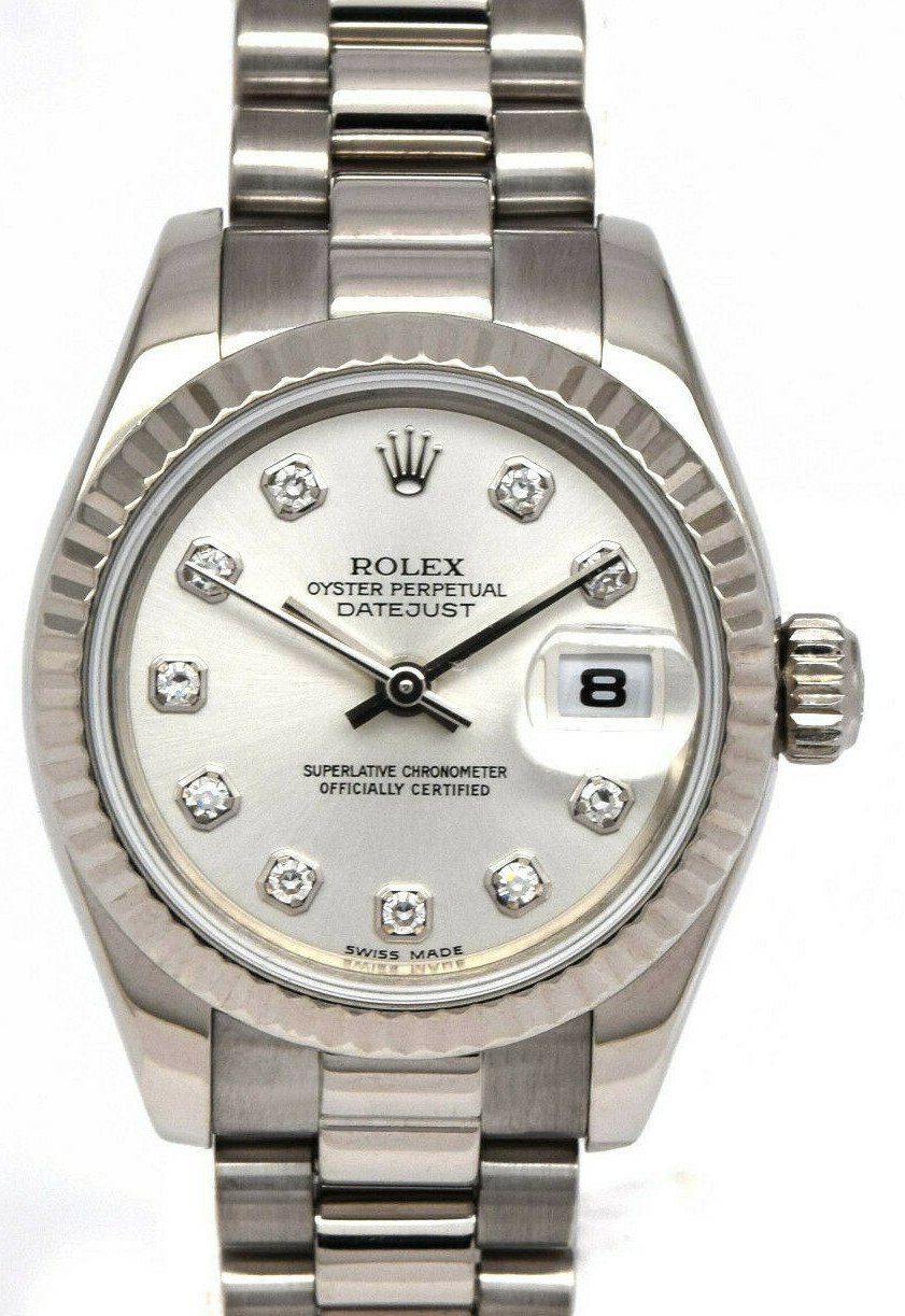 Rolex Datejust 18k White Gold Silver Diamond Dial 26mm President Watch Y 179179 Rolex Datejust 18k White Gold Silver Diamond Dial 26mm President Watch Y 179179