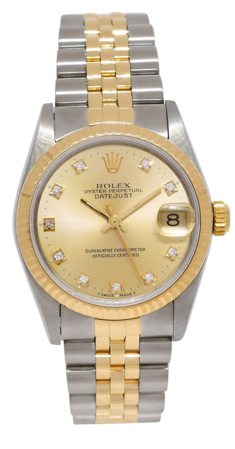 Rolex Datejust 18k Yellow Gold/Steel Champagne Diamond Dial 31mm Watch E 68273