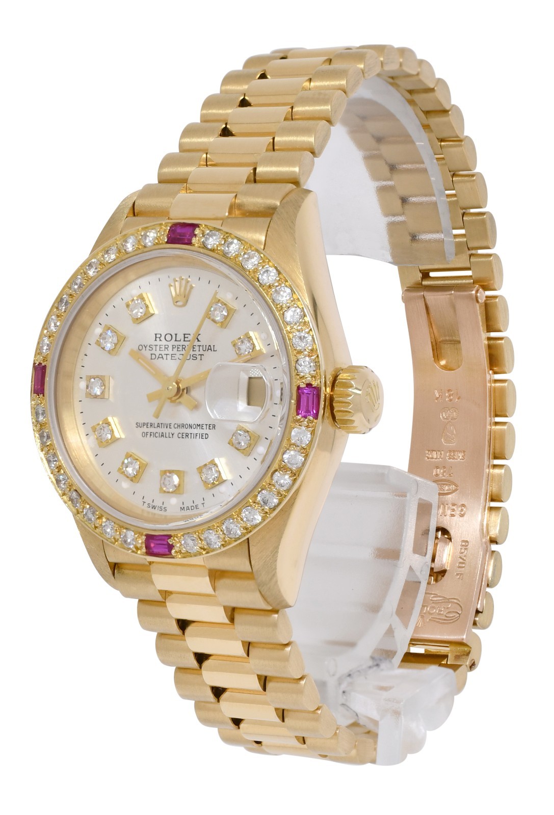 Rolex Datejust 18k Yellow Gold Silver Diamond/Ruby Ladies 26mm Watch L 69178