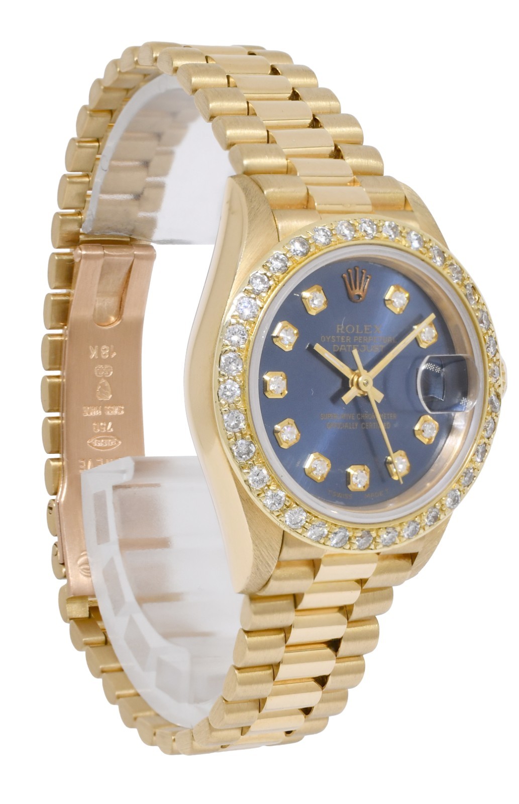 Rolex Datejust President 18k Yellow Gold Blue Diamond Ladies 26mm Watch R 69178