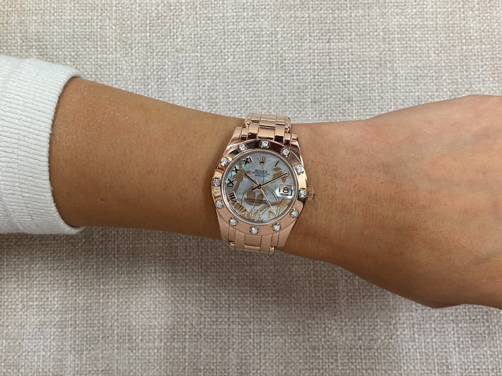 Rolex Pearlmaster 18k Rose Gold Goldust Dream MOP Diamond 34mm Watch 81315