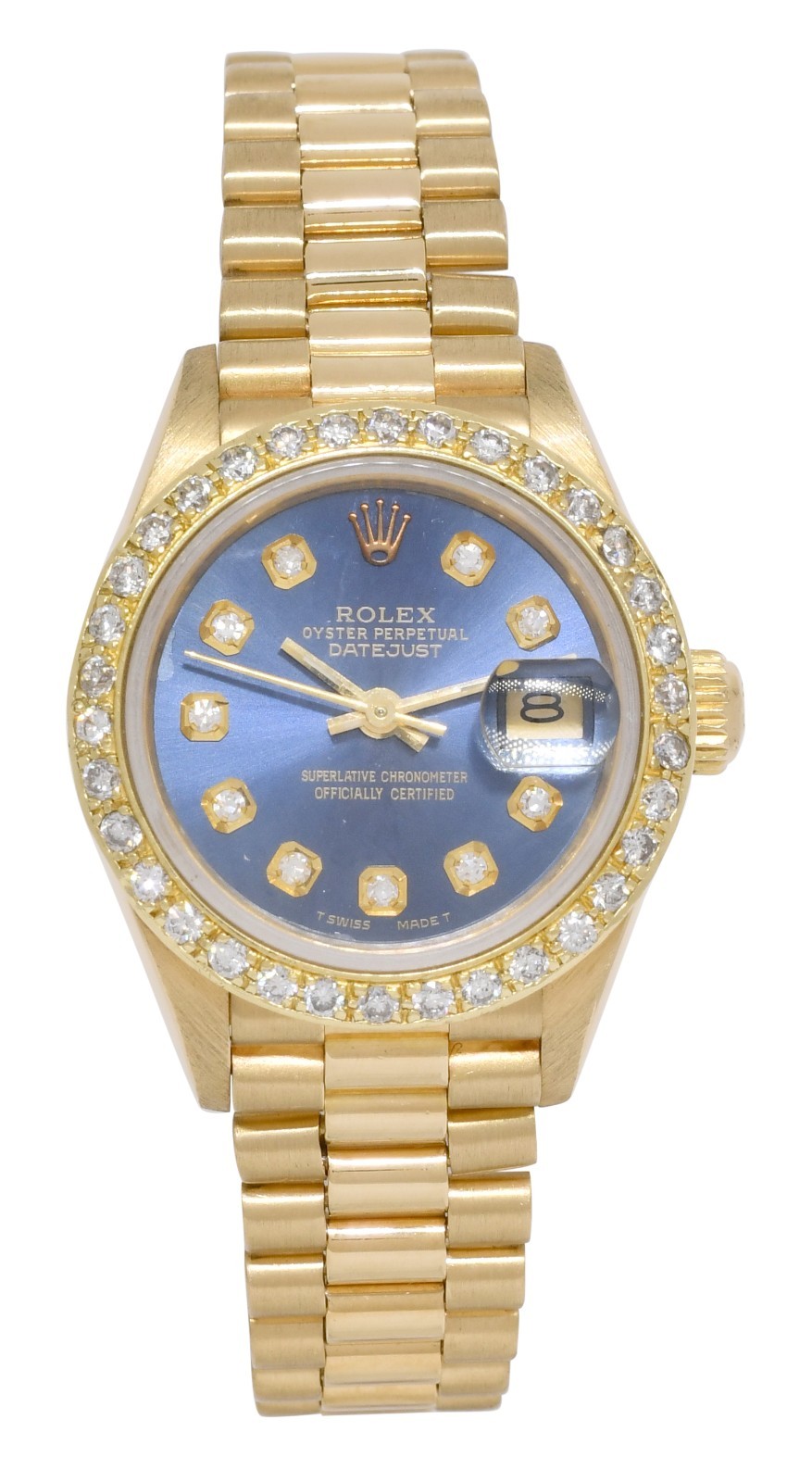 Rolex Datejust President 18k Yellow Gold Blue Diamond Ladies 26mm Watch R 69178