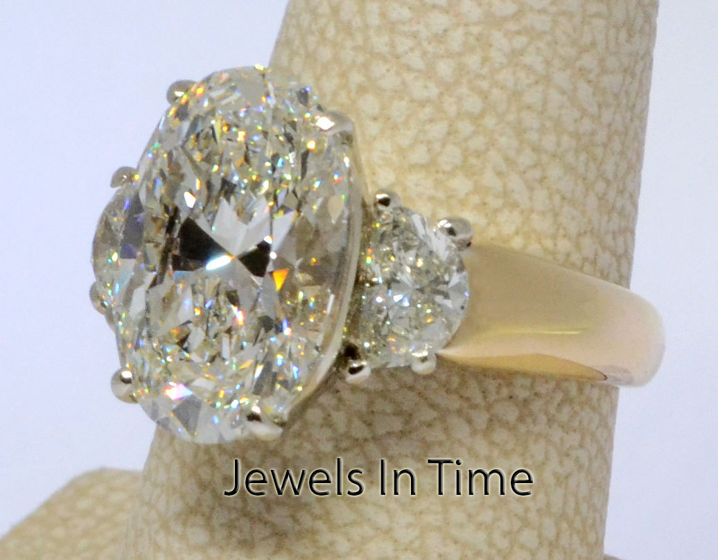 6.13 CT Oval Brilliant 3 Stone Diamond Ring 18k Yellow Gold & Platinum 6.5 GIA