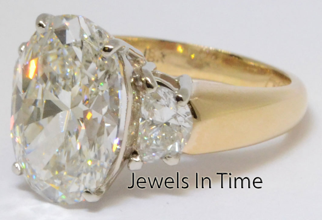 6.13 CT Oval Brilliant 3 Stone Diamond Ring 18k Yellow Gold & Platinum 6.5 GIA