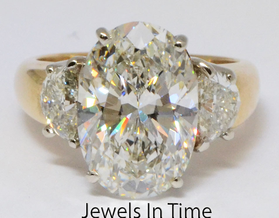 6.13 CT Oval Brilliant 3 Stone Diamond Ring 18k Yellow Gold & Platinum 6.5 GIA
