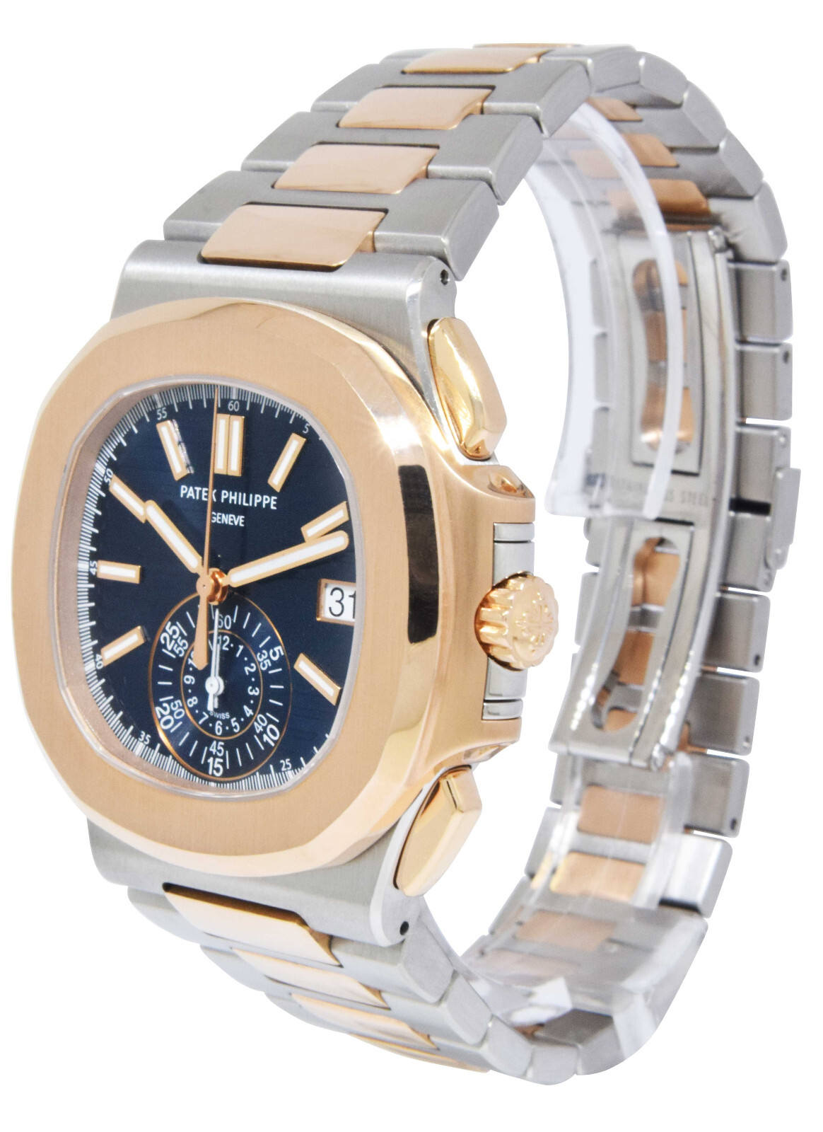 Patek Philippe 5980 Nautilus Chronograph Steel 18k RG Blue Dial Watch B/P 5980AR