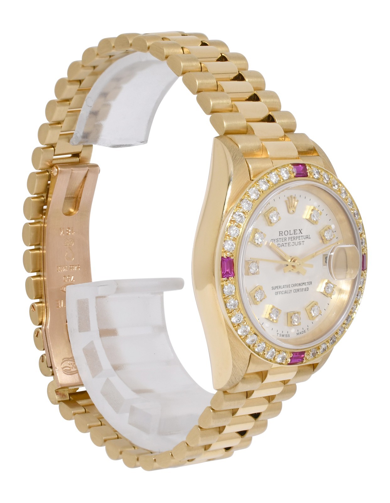 Rolex Datejust 18k Yellow Gold Silver Diamond/Ruby Ladies 26mm Watch L 69178